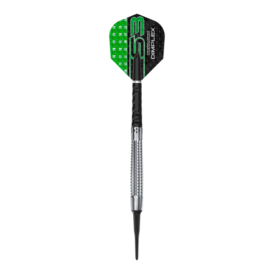 Harrows Dimplex S3 Tapered Soft Darts Das Bild zeigt einen Harrows Dimplex S3 Tapered Softdart. Der Dartpfeil hat eine Metallspitze und ein schwarzes und grünes Flight-Design.