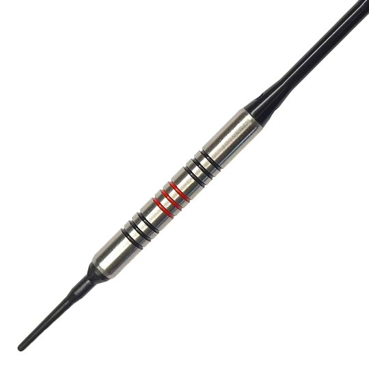 Lotki McDart 85 Tungsten V11 Soft Darts - 17,5 g Dies ist ein McDart 85er Tungsten V11 Softdart mit einem Gewicht von 17,5g. Der Dart hat einen silbernen Körper mit schwarzen und roten Ringen.
