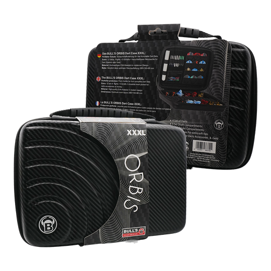 Etui na lotki Bulls Orbis XXL - karbonowo-szare Das Bild zeigt das Produkt "Bulls Orbis XXL Dartcase - Carbongrey" in schwarzer Carbon-Optik. Das Dartcase ist groß und bietet Platz für mehrere Dart-Sets und Zubehör.