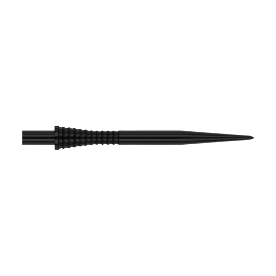 Groty do lotek Red Dragon Raptor Gripped Black ze stali 38 mm Das Bild zeigt die Red Dragon Raptor Gripped Black Steeldartspitze mit einer Länge von 38 mm. Die Spitze ist schwarz und hat eine geriffelte Grifffläche für besseren Halt.