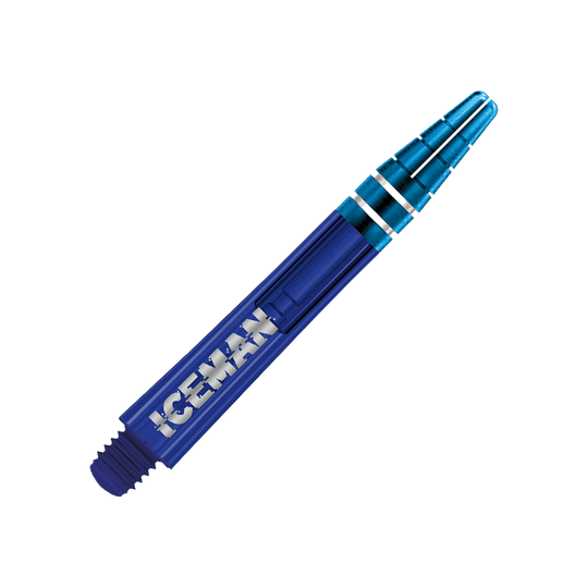 Auf dem Bild ist ein blauer Dart-Schaft zu sehen. Auf dem Schaft steht das Wort "ICEMAN" in weißen Buchstaben.