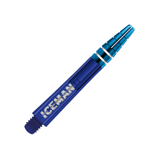 C810_Red_Dragon_Nitrotech_Gerwyn_Price_Blue_Shafts_36mm_2 Auf dem Bild ist ein blauer Dart-Schaft zu sehen. Auf dem Schaft steht das Wort "ICEMAN" in weißen Buchstaben.