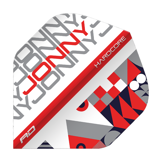 Das Bild zeigt ein Dartflight mit dem Namen "Jonny" in großen grauen und roten Buchstaben. Das Design ist in Rot, Weiß und Grau gehalten, mit geometrischen Mustern und der Aufschrift "HARDCORE" und "RD".