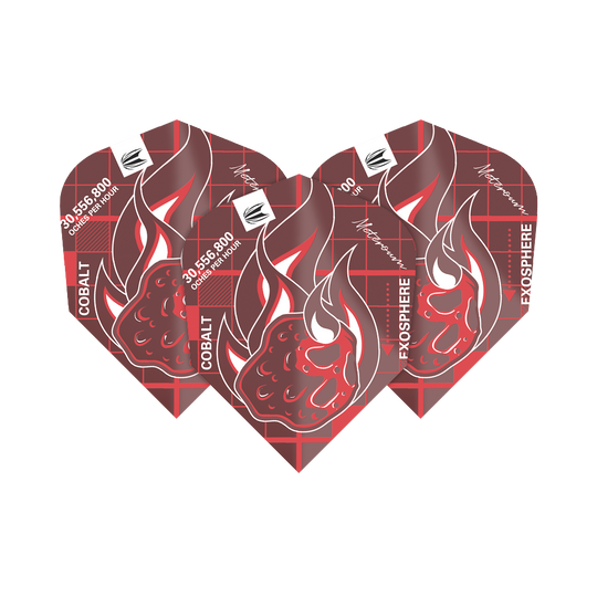 Das Bild zeigt drei rote Dart-Flights mit einem Flammen-Design und verschiedenen weißen Beschriftungen. Die Produktbezeichnung ist "Target Blueprint Pro Red Ten-X Flights".