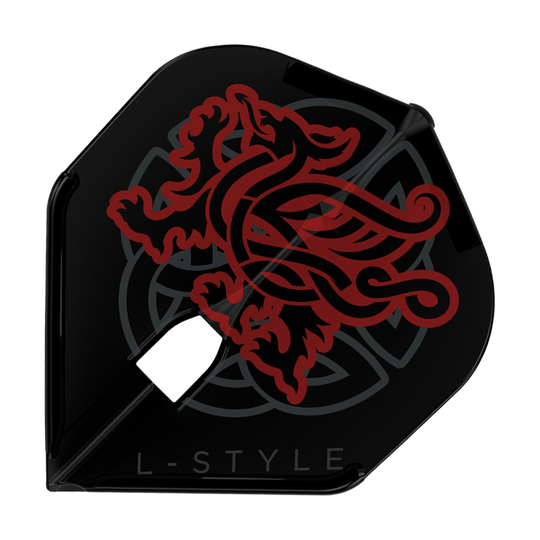 LSF633_L-Style_Jim_Williams_V2_L1PRO_Flights_1 Das Bild zeigt ein „L-Style Jim Williams V2 L1PRO Flight“ für Dartpfeile. Das Flight ist schwarz und mit einem roten, stilisierten Löwenmotiv verziert.