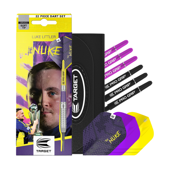 Das Bild zeigt die Target Luke Littler Brass Softdarts - 19g. Die Darts eignen sich zum Spielen auf elektronischen Dartboards.
