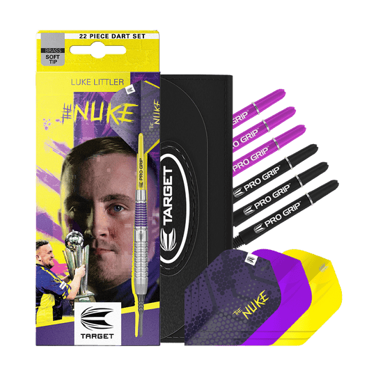 Lotki miękkie Target Luke Littler Brass - 19 g Das Bild zeigt die Target Luke Littler Brass Softdarts - 19g. Die Darts eignen sich zum Spielen auf elektronischen Dartboards.