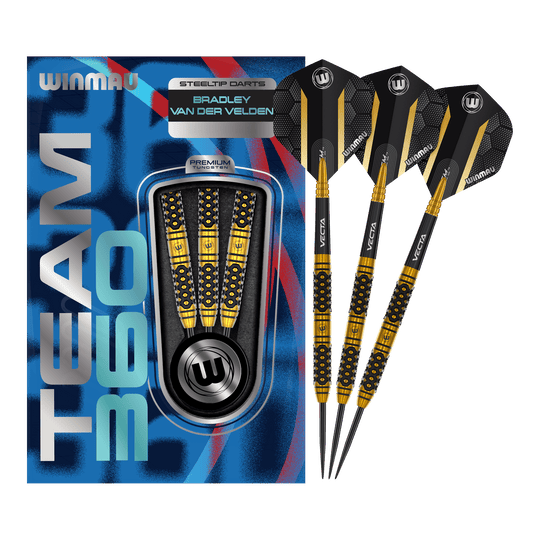 Rzutki stalowe Winmau Team 360 Bradley Van Der Velden - 22g Zu sehen ist ein Winmau Team 360 Bradley Van Der Velden Steeldarts - 22g. Das Bild vermittelt einen vollständigen Eindruck des Dartprodukts.