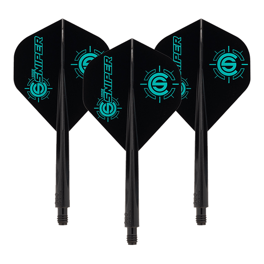 Condor AXE The Sniper Flight-System - Standard Das Bild zeigt drei schwarze Dartflights mit Aufdruck „SNIPER“ und einem Ziellogomuster in Türkis. Es handelt sich um das Produkt „Condor AXE The Sniper Flight-System - Standard“.