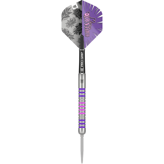 Der abgebildete Dart ist der "Target Eleanor Cairns GEN1 Swiss Point Steeldart - 24g". Er besitzt ein auffälliges Design mit lila, silbernen und pinken Akzenten sowie einer gemusterten Flight.