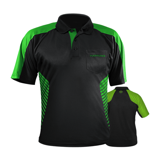 HRS-17492_Harrows_Vivid_Dartshirt_Black_Green_0 Harrows Vivid Dartshirt Black/Farbig liegt flach und frontal. Die Details des Shirts kommen klar zur Geltung.