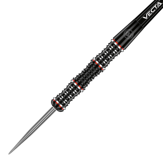 1461_Winmau_Mervyn_King_Special_Edition_Steeldarts_2 Auf dem Bild ist ein Winmau Mervyn King Special Edition Steeldart zu sehen. Der Dartpfeil hat ein schwarzes Griffstück mit roten und silbernen Akzenten.