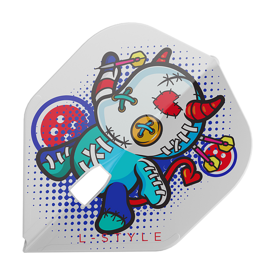 Das Bild zeigt ein weißes Dart-Flight mit einem bunten, comicartigen Voodoo-Puppen-Design. Am unteren Rand steht der Schriftzug „L-STYLE“.