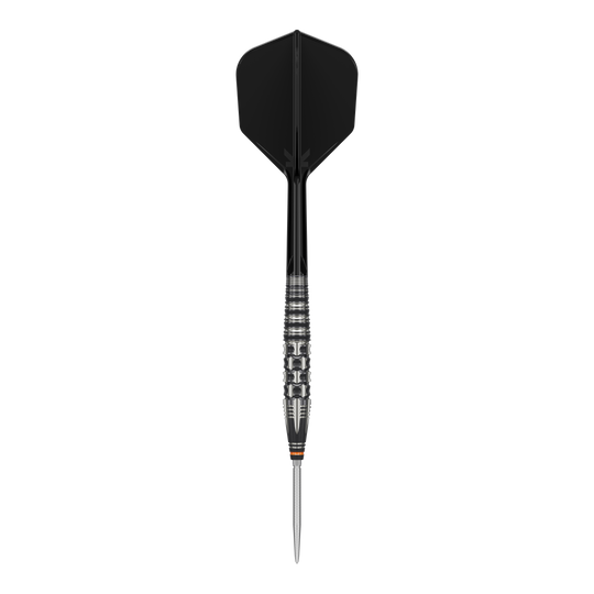 Das Bild zeigt einen Target Japan Black Marque Dancing Duck GEN 4 Steeldart. Der Dartpfeil hat ein elegantes, schwarzes Design mit einer metallischen, strukturierten Griffzone.