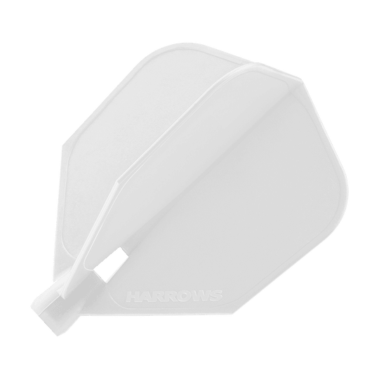 HRC-110_Harrows_Clic_Standard_Flight_White_1YUiNorWiGh06T Das Bild zeigt ein weißes Dartflugblatt mit der Aufschrift "Harrows". Es handelt sich um das Modell "Harrows Clic Standard Flights - White".
