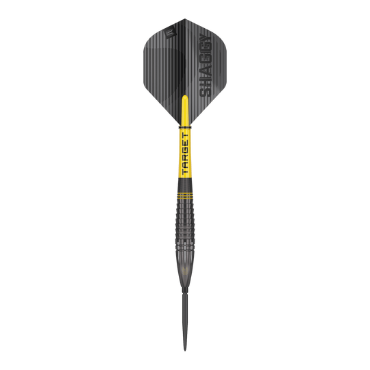 Lotki stalowe Target Scott Williams Shaggy Black Swiss Point Dies ist ein Target Scott Williams Shaggy Black Swiss Point Steeldart. Der Dart hat ein schwarzes Design mit gelben Akzenten und der Aufschrift "SHAGGY" auf dem Flight.