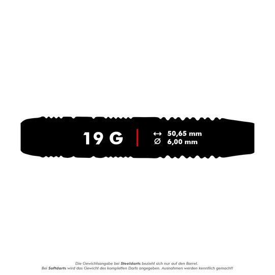 Unicorn Core Plus Gumowane Różowe Miękkie Lotki - 19g Das Bild zeigt die Produktdetails der "Unicorn Core Plus Rubberised Pink Softdarts - 19g". Die Darts wiegen 19 Gramm und haben eine Länge von 50,65 mm sowie einen Durchmesser von 6,00 mm.
