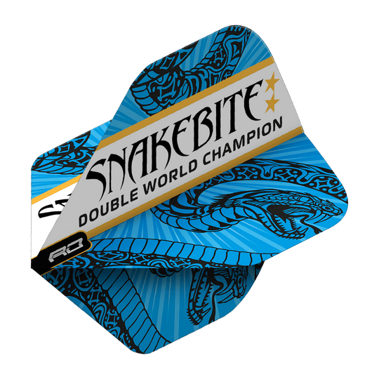 TF6705_Red_Dragon_Hardcore_Snakebite_Double_World_Champion_BlueWhite_Standard_Flights_2xGGfmuXAptPmf Das Bild zeigt ein Dart-Flight mit blau-weißem Schlangenmuster. Auf dem Flight steht "Snakebite Double World Champion".