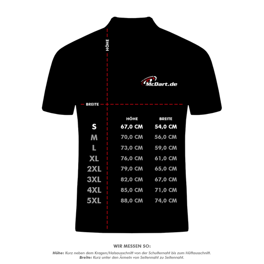 HRS-26036Harrows_Paragon_Dartshirts_5_SpIKzFwT3NEvtq Das Bild zeigt ein schwarzes Dartshirt mit dem Logo "McDart.de" und einer Größentabelle. Die Tabelle listet die Maße für die Größen S bis 5XL in Höhe und Breite auf.
