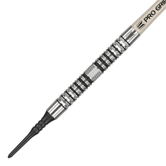 Target EXO 10 miękkich rzutek Das Bild zeigt einen Target EXO 10 Softdart. Der Dartpfeil hat ein silbernes, gerilltes Griffstück und eine schwarze Kunststoffspitze.