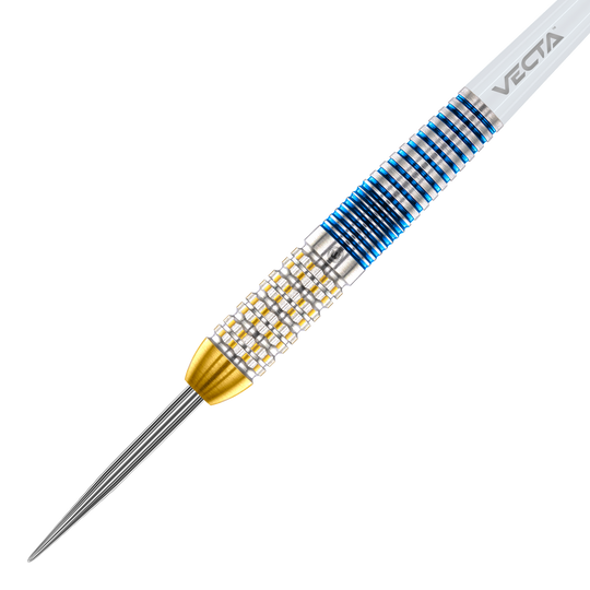 Das Bild zeigt einen Winmau Steve Beaton Legend Series Steeldart. Der Dart hat ein silbernes, goldfarbenes und blaues Design mit einer strukturierten Griffzone.