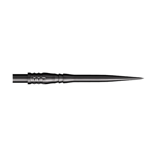 Końcówki do rzutek Shot Cone Rocket Steel - czarne - 35 mm Das Bild zeigt eine schwarze Steeldart-Spitze mit einer Länge von 35 mm. Die Spitze hat ein schlankes, spitz zulaufendes Design und strukturierte Rillen am Schaft.