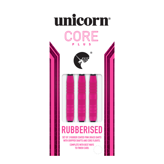 Unicorn Core Plus Gumowane Różowe Miękkie Lotki - 19g Das Bild zeigt eine Packung der "Unicorn Core Plus Rubberised Pink Softdarts - 19g". In der Verpackung befinden sich drei pinke, gummierte Softdarts.