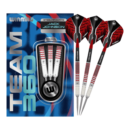 Lotki stalowe Winmau Team 360 Jack Johnson - 24g Das Bild zeigt das komplette Set der Winmau Team 360 Jack Johnson Steeldarts mit 24g. Die Steeldarts sind für präzises Werfen entwickelt.
