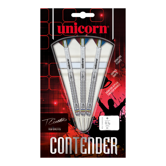 Das Bild zeigt die Unicorn Contender Ted Evetts Phase 2 Steeldarts mit einem Gewicht von 23g in ihrer Verpackung. Drei silberne Darts mit geriffeltem Griff sind deutlich sichtbar präsentiert.