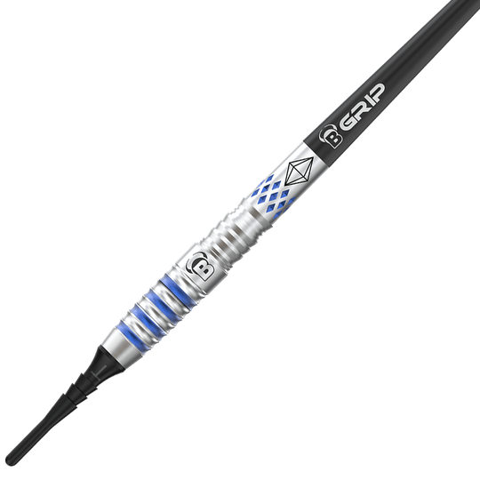 19740_Bulls_Sarah_Milkowski_Softdarts_2 Das Bild zeigt einen Softdart namens "Bulls Sarah Milkowski Softdarts - 20g". Der Dart hat ein silbernes Design mit blauen Akzenten und einer schwarzen Spitze.