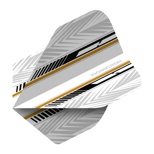 Pentathlon Flights biało-czarno-złoty Das Bild zeigt ein Dartflight mit einem modernen Design in Weiß, Schwarz und Gold. Die Oberfläche ist mit geometrischen Mustern und Streifen verziert.
