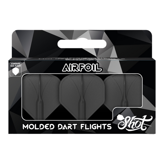 Loty standardowe nr 2 formowane metodą śrutowania Auf dem Bild ist eine Packung mit drei schwarzen, geformten Dartflights zu sehen. Die Verpackung trägt die Aufschrift „Airfoil“ und „Molded Dart Flights“ der Marke Shot.