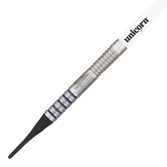 Das Bild zeigt einen Softdart der Marke Unicorn, Modell "Silver Star Var.2 Gary Anderson". Der Dart hat einen silbernen Schaft mit blauen Rillen und einen weißen Flight mit dem Aufdruck "unicorn".