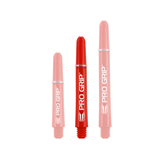 Wałki Target Pro Grip - 3 zestawy - czerwone Das Bild zeigt drei rote "Pro Grip" Shafts für Dartpfeile in unterschiedlichen Längen. Alle drei Shafts haben die weiße Aufschrift "PRO GRIP" und ein Logo.