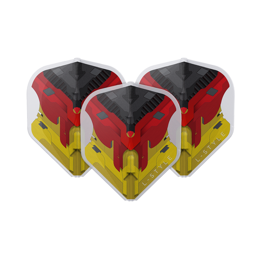Das Bild zeigt drei Dartflights mit einem Design in den Farben Schwarz, Rot und Gelb. Auf jedem Flight steht am unteren Rand "L-STYLE".