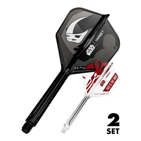 Zestaw Target Star Wars K-Flex Mandalorian No6 Flights Das Bild zeigt den Artikel '410625_Target_StarWars_K-Flex_Mandalorian_2PackSet_No6_Flights_33mm_1'. Es handelt sich wahrscheinlich um Dart-Flights mit Star Wars Mandalorian Motiv.