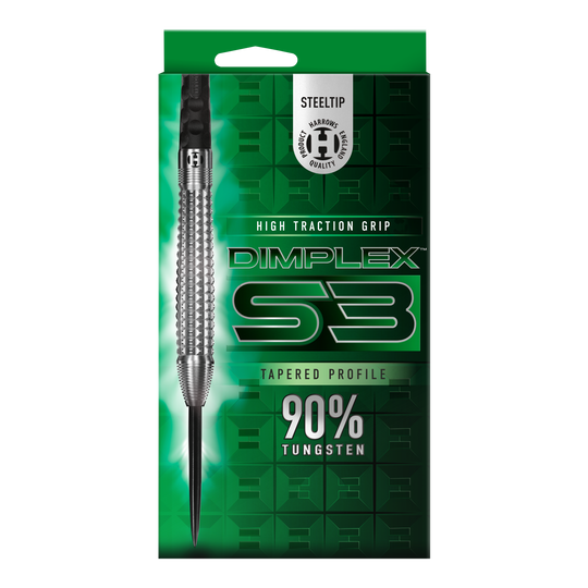 Harrows Dimplex S3 stożkowe stalowe lotki Das Bild zeigt die Verpackung der "Harrows Dimplex S3 Tapered Steeldarts". Die Verpackung ist grün und hebt den hohen Wolframanteil von 90% sowie den hohen Grip hervor.