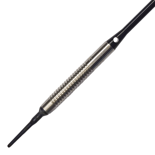 Lotki McDart 85 Tungsten V8 Soft Darts - 18,5 g Das Bild zeigt einen McDart 85er Tungsten V8 Softdart mit einem Gewicht von 18,5 Gramm. Der Dart besteht aus silberfarbenem Metall mit einer geriffelten Griffzone und einer schwarzen Spitze.