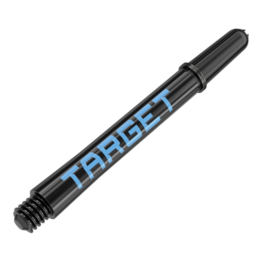 Wałki Target Pro Grip TAG – 3 zestawy – czarno-niebieskie Das Bild zeigt einen schwarzen Dart-Schaft mit blauer Schrift, auf dem "TARGET" steht. Der Schaft hat ein Gewinde am Ende zur Befestigung am Dartpfeil.