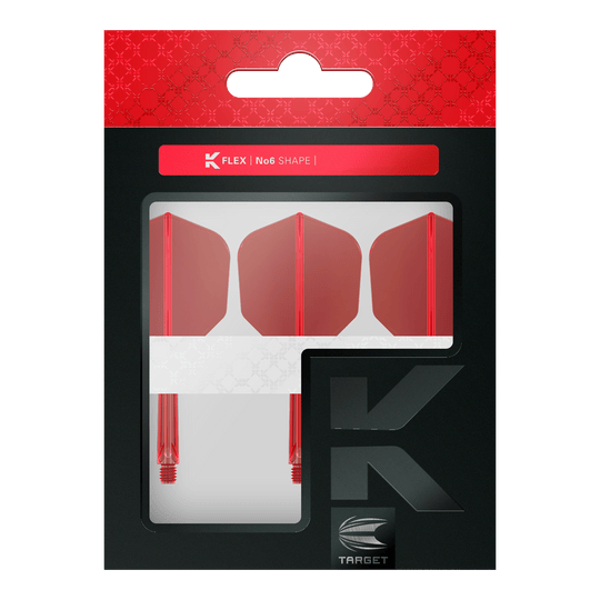 System lotu Target K-Flex No6 - czerwony Das Bild zeigt eine Verpackung mit drei roten Dartflights und Schäften. Die Marke "Target" und die Produktbezeichnung "K-Flex No6 Shape" sind auf der Verpackung sichtbar.