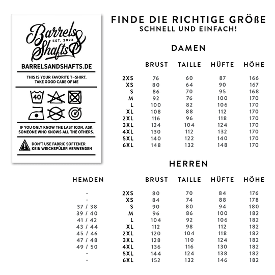 T-shirt damski Barrels and Shafts – czarny Das Bild zeigt eine Größentabelle für Damen- und Herren-T-Shirts der Marke "Barrels and Shafts". Links sind Pflegehinweise für das T-Shirt abgebildet, rechts finden sich die Maße für die verschiedenen Größen.