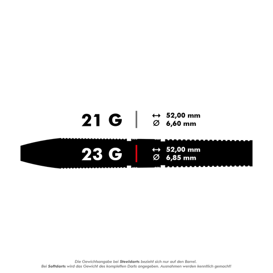190227_Target_Gabriel_Clemens_Black_Edition_Steeldarts_5_23g Das Bild zeigt die technischen Daten eines Steeldarts mit 23 Gramm Gewicht. Die Länge beträgt 52,00 mm und der Durchmesser 6,85 mm.