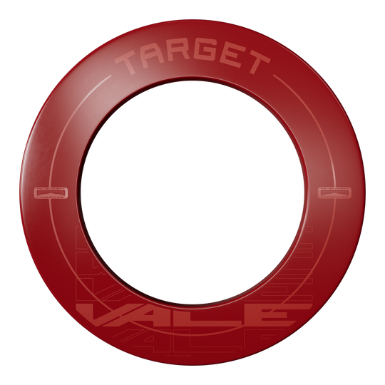 Tarcza do darta Target VALE Das Bild zeigt einen roten Dartboard-Surround mit der Aufschrift "TARGET VALE". Der Surround ist rund und schützt die Wand rund um die Dartscheibe.