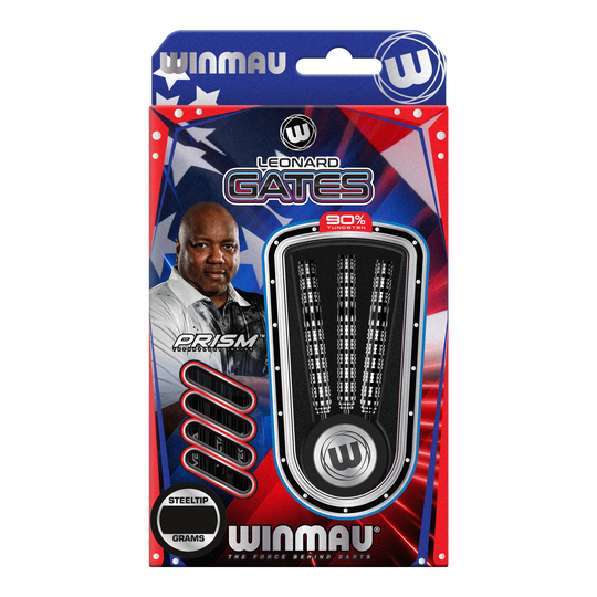 Das Bild zeigt eine Verpackung der "Winmau Leonard Gates Steeldarts". Auf der Verpackung sind drei Darts sowie ein Bild von Leonard Gates abgebildet.