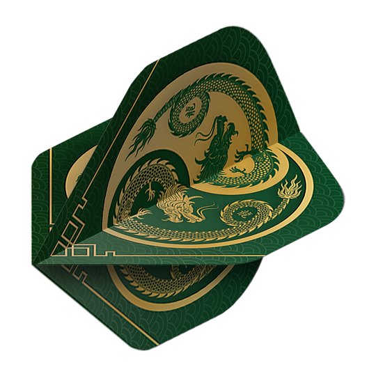 Pentathlon Flights Dragon zielony Das Bild zeigt die Pentathlon Dragon 3 Standard Flights. Sie sind grün mit einem goldenen Drachenmotiv verziert.