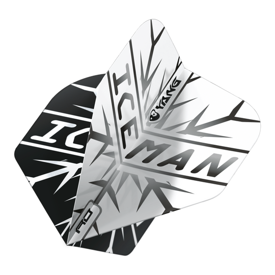 Red Dragon Gerwyn Price Iceman Czarno-Biały Yin Yang Standardowe Loty Das Bild zeigt zwei Dartflights in Schwarz und Weiß mit dem Schriftzug "ICEMAN" und einem auffälligen Eismuster. Auf den Flights ist zudem das Wort "Yin Yang" zu sehen.
