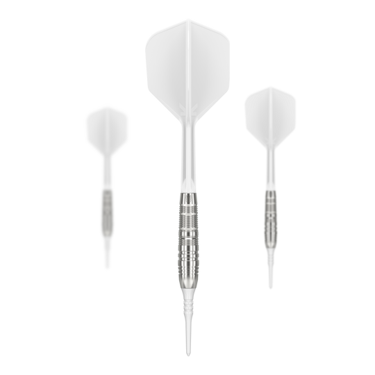 Target Japan Crux Trust Soft Darts - 17g Das Bild zeigt drei weiße Softdarts des Produkts „Target Japan Crux Trust Softdarts - 17g“. Die Darts haben silberne Griffe und weiße Flights.