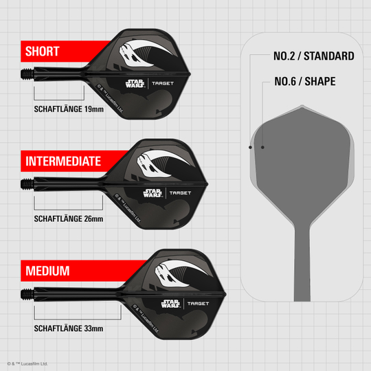 Zestaw Target Star Wars K-Flex Mandalorian No6 Flights Das Bild zeigt das Target Star Wars K-Flex-Set Mandalorian No2 Standard Flights. Es handelt sich um zwei Dart Flights mit Mandalorian-Motiv aus Star Wars.