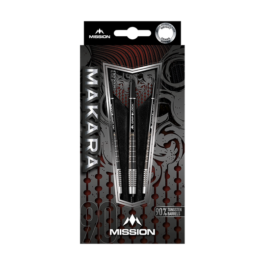 Das Bild zeigt die Verpackung der Mission Makara M2 Softdarts mit einem Gewicht von 20g. Die Darts bestehen zu 90 % aus Tungsten und sind ansprechend gestaltet.