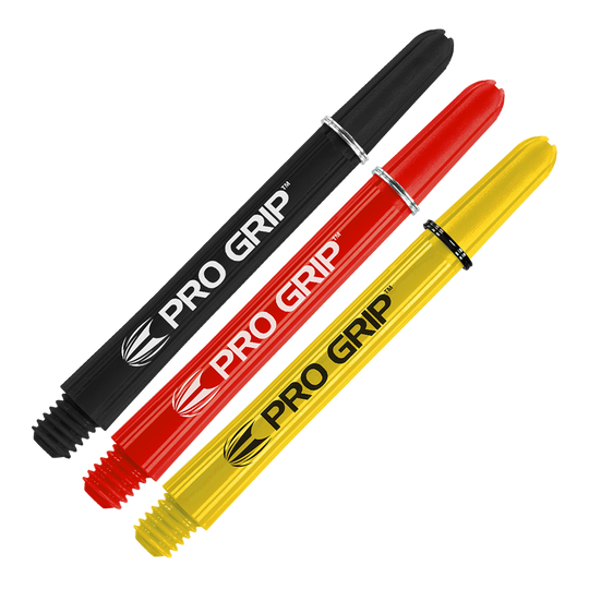 Das Bild zeigt drei Dartschäfte in den Farben Schwarz, Rot und Gelb. Auf jedem Schaft steht der Schriftzug "PRO GRIP".